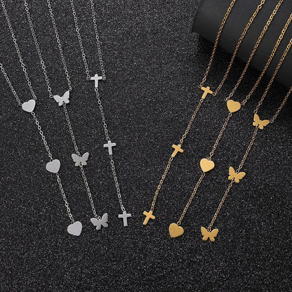 Stainless Steel Cross Long Pendant Necklace for Women Simple Heart Butterfly Personality Necklace Party Punk Jewelry Wholesale